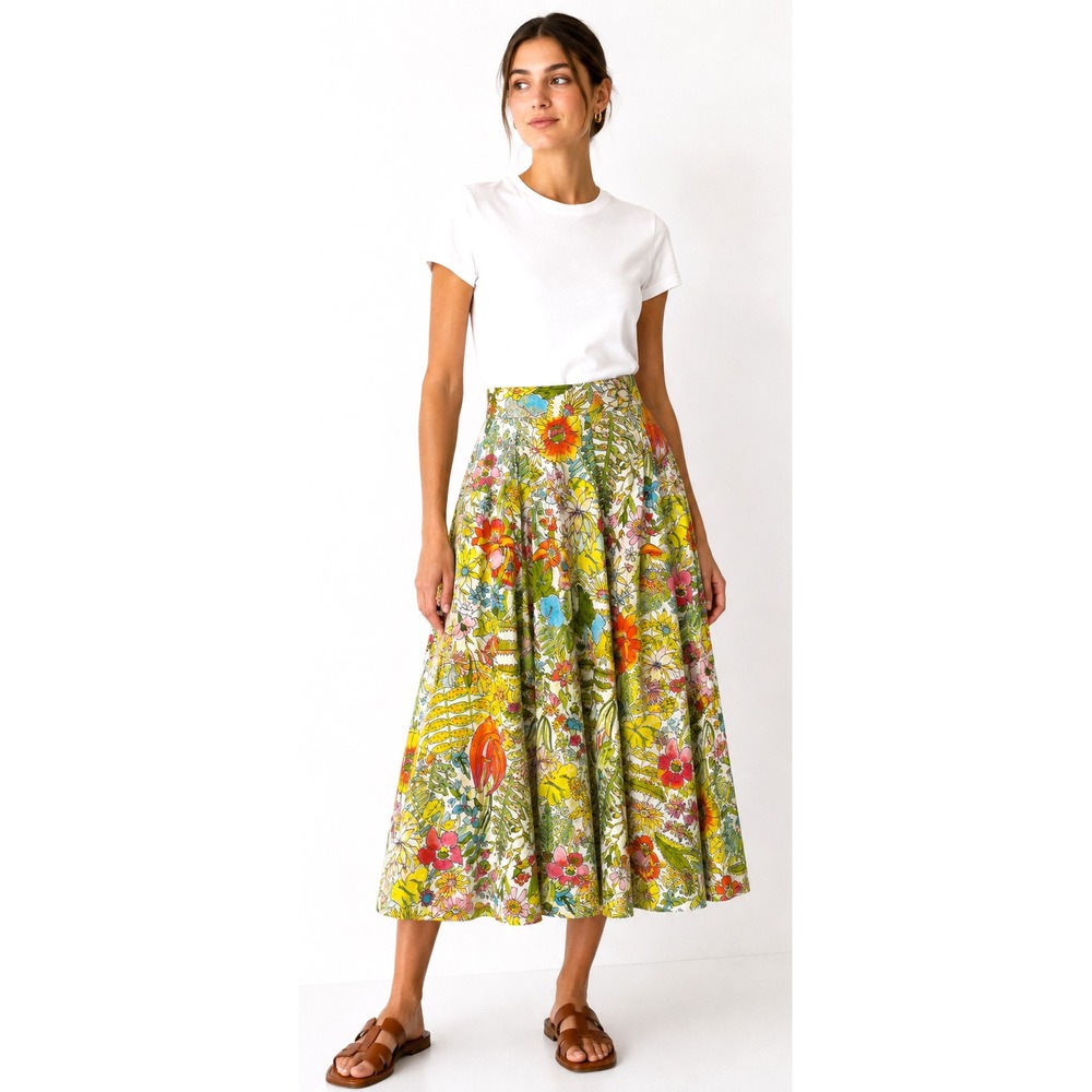 Marie Oliver Frankie Skirt 10 Linen Floral Pleated Midi Maxi Botanical Floral